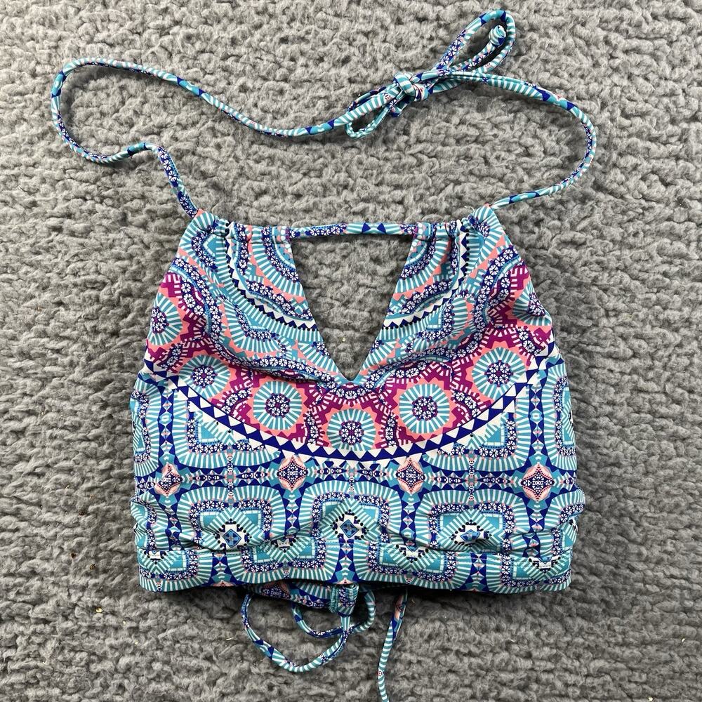 Athleta Halter Bikini Top Small Blue Pink Geometric Print Swimwear Swim Bra